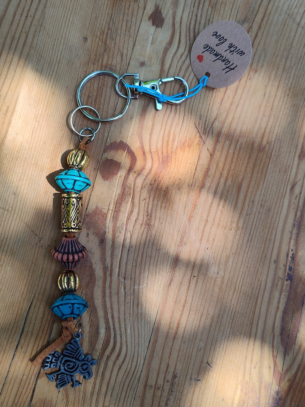 Handmade Turquoise and Gold Beaded Keychain Charm